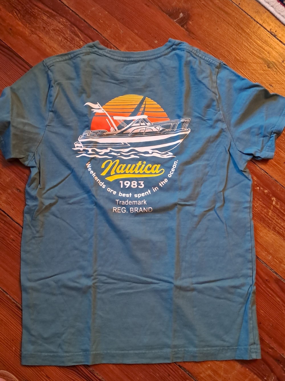 Nautica Blue Short Sleeve Tee with Sunset Boat Graphic